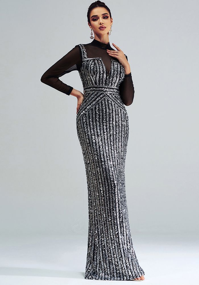 Robe de soirée à manches longues pour femmes, col rond, bodycon, à sequins, avec traîne