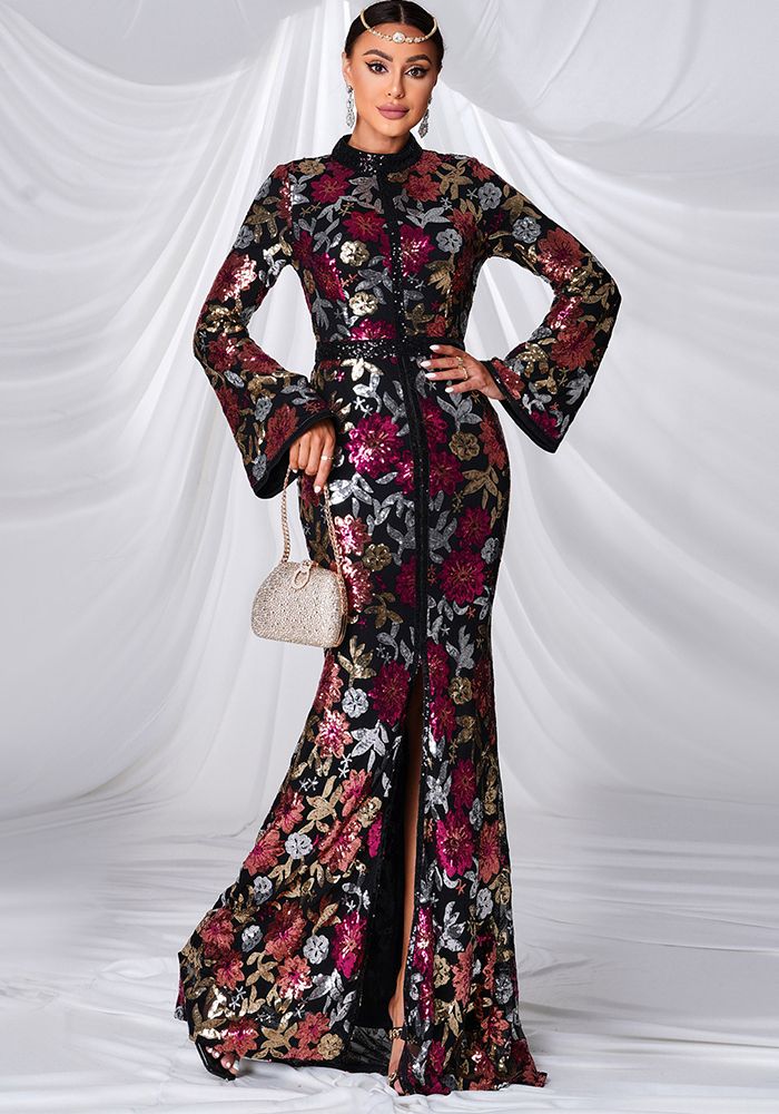 Robe de soirée à manches longues pour femmes, col rond, en sequins, style sirène