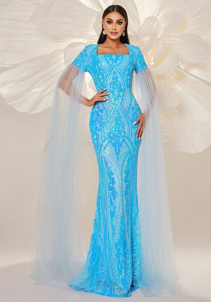 Robe de soirée à manches longues pour femmes, décolleté carré, bodycon, à sequins, avec queue de poisson