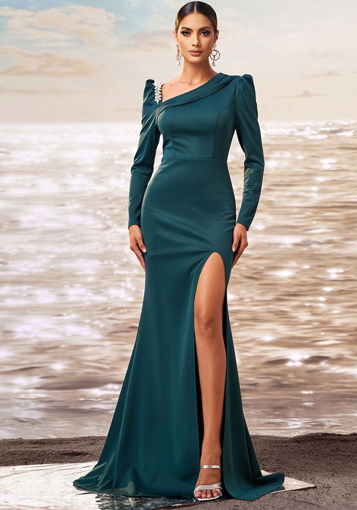 Robe de soirée à manches longues pour femmes avec épaule dénudée, coupe ajustée, fente en queue de poisson