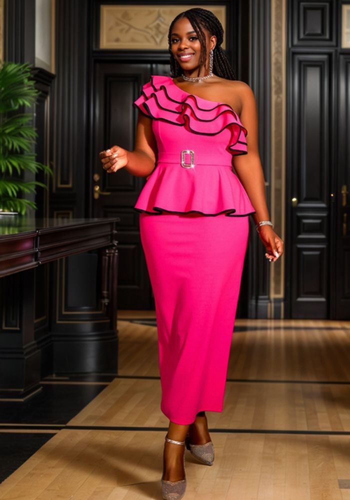 Robe de soirée à volants tendance sans manches à épaules dénudées et taille haute