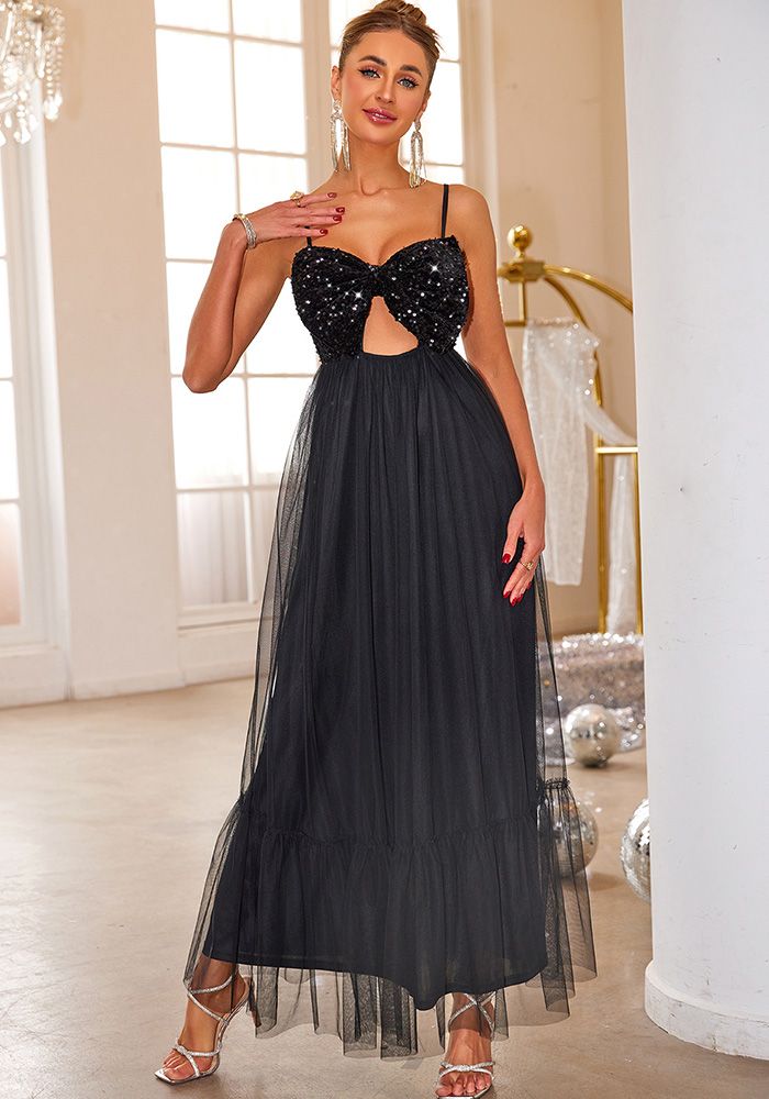 Robe de Soirée à Bretelles en Sequins en Maille pour Femmes - Gown Long Formelle