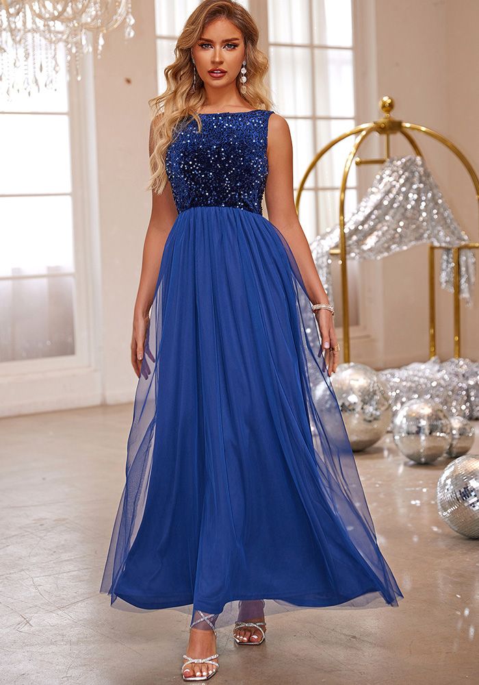 Robe de Soirée A-Line Sans Manches en Mesh à Paillettes pour Femmes