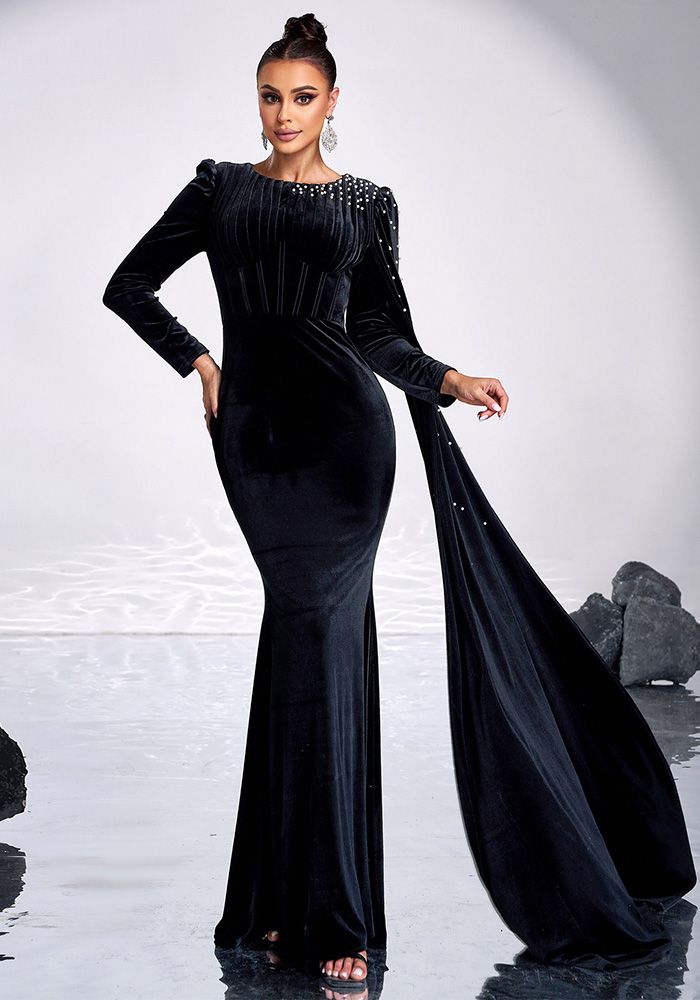 Robe de Soirée Bodycon Chic à Col Rond et Manches Longues avec Perles pour Femmes, Robe de Demoiselle d'Honneur