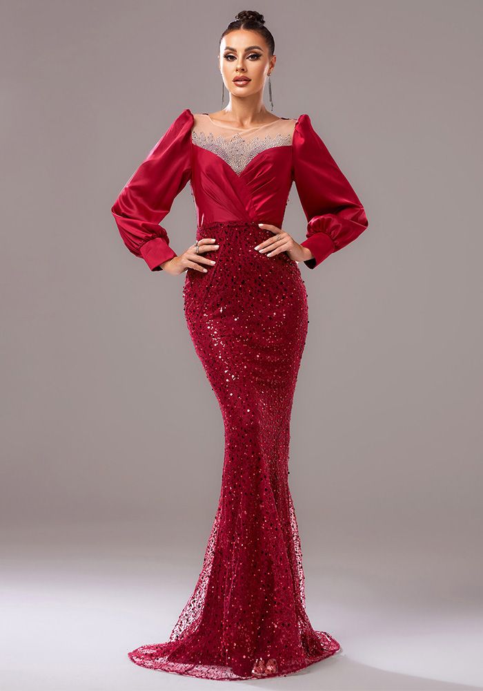 Robe de Soirée Étroite Chic à Manches Longues Col Rond pour Femme, Gown de Demoiselle d'Honneur avec Paillettes et Perles