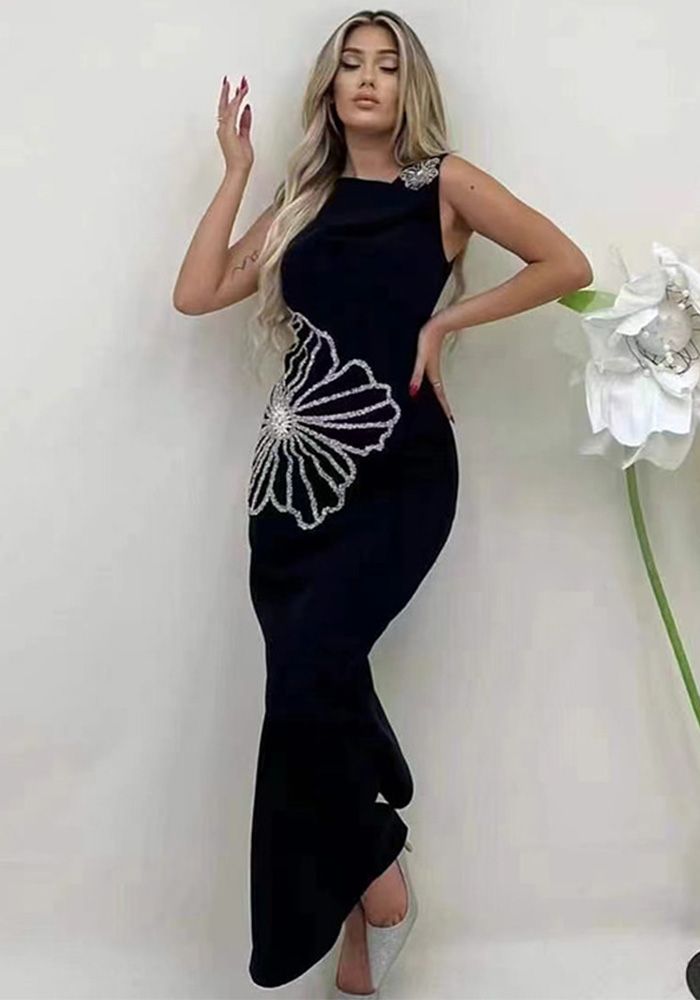 Robe Bandage Élégante Sans Manches à Col Rond pour Femme avec Strass de Luxe