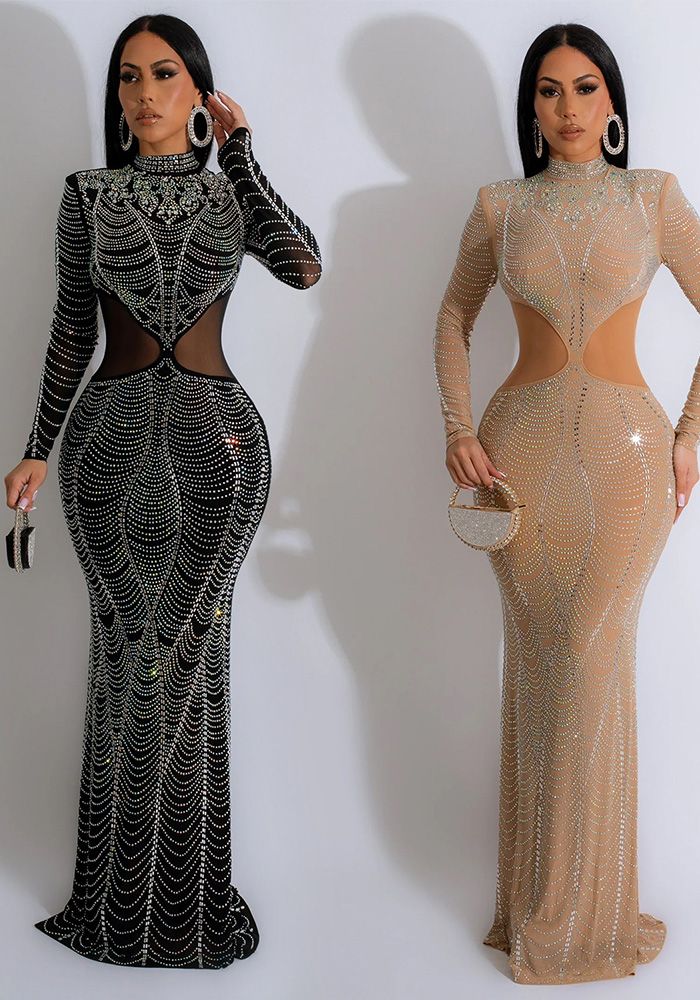 Robe Longue en Maille Unie à Perles pour Femmes