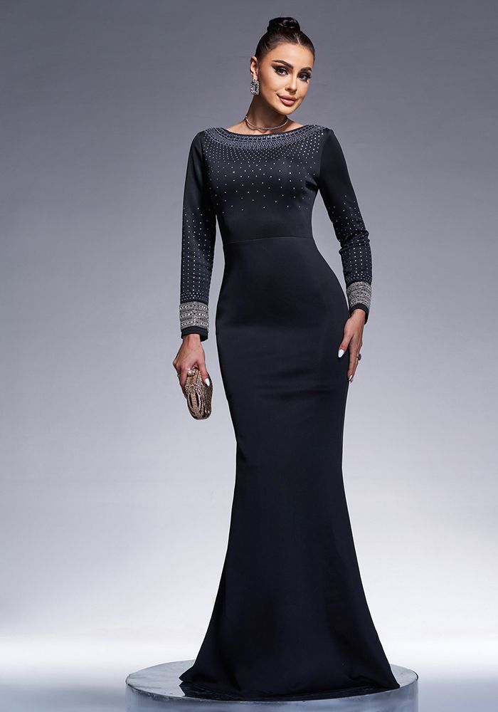 Robe de Soirée Bodycon à Manches Longues et Col Rond pour Femmes avec Perles