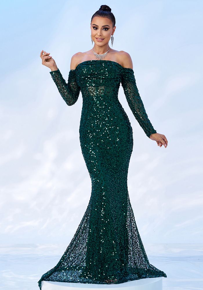 Robe de Soirée Évasée à Manches Longues et Sequins pour Femmes