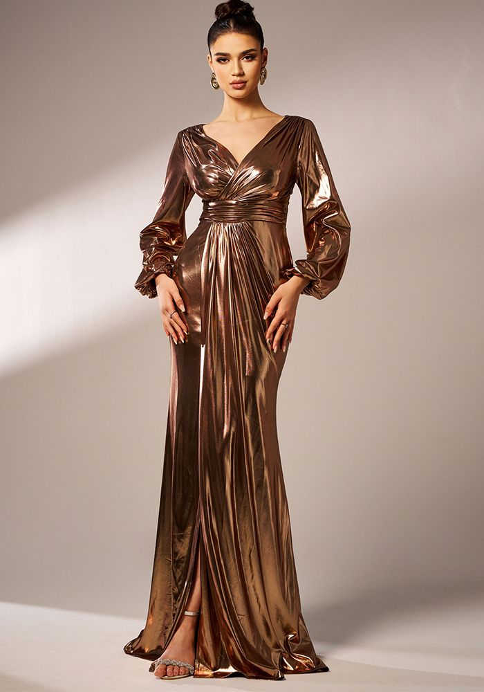 Robe de soirée moulante brillante à manches longues en V pour femmes