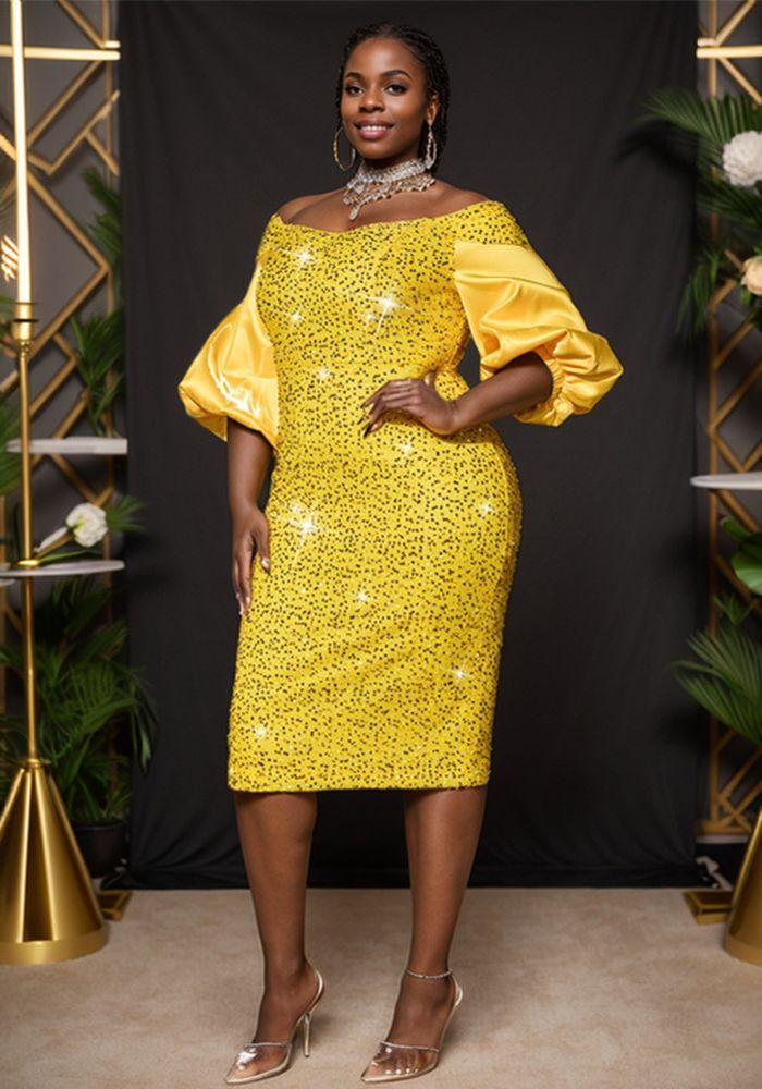 Robe de Soirée Élégante à Manches Bouffantes Off Shoulder en Bodycon avec Sequins