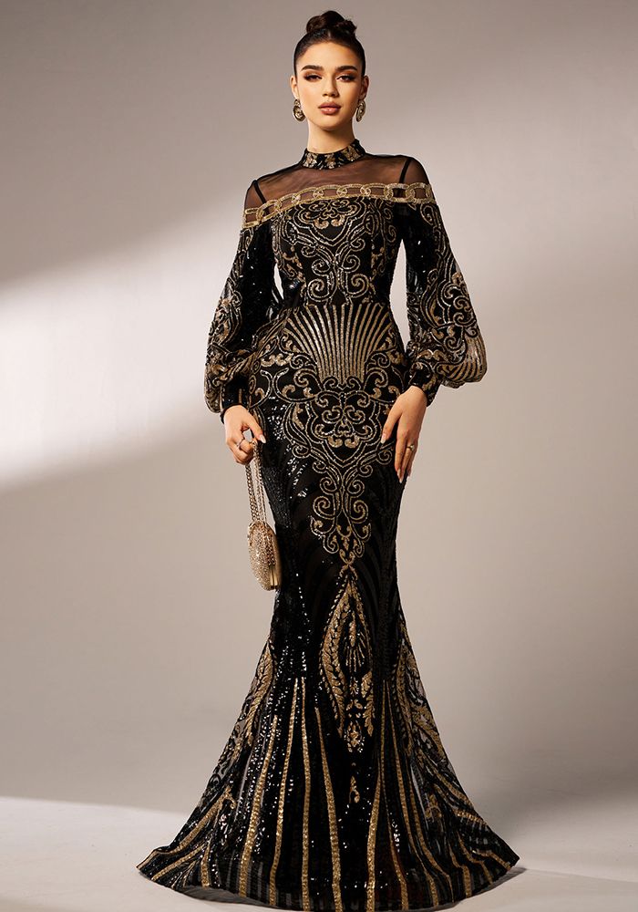 Robe de Soirée Longue à Manches Longues Col Rond en Sequins Longs en Tulle Queue de Poisson Robe de Demoiselle d'Honneur