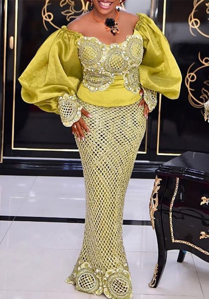 Robe jaune à manches bouffantes en dentelle brodée pour femmes