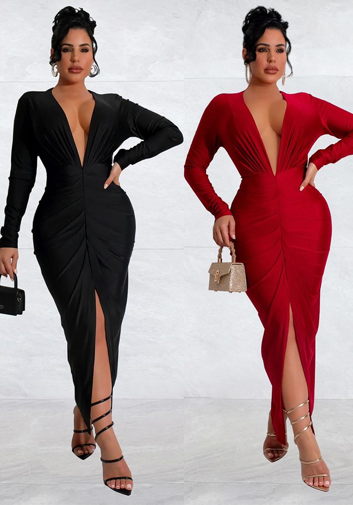 Robe Solide Femme à Col V Fente (personnalisée, MOQ 6pcs/taille/couleur, délai de traitement 7-10 jours)