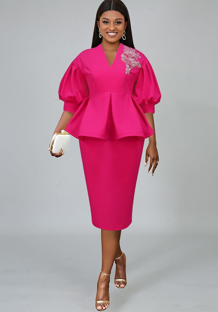 Robe brodée à manches lanternes en V pour femmes