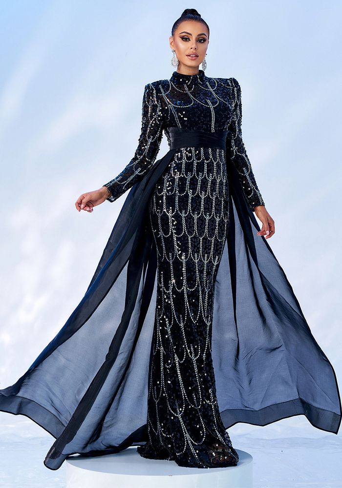 Robe de soirée maxi à manches longues pour femmes avec col rond et sequins
