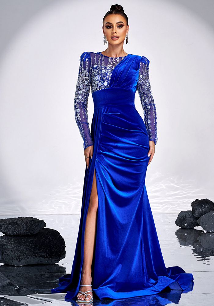 Robe de soirée maxi formelle à manches longues et col rond en sequins pour femmes