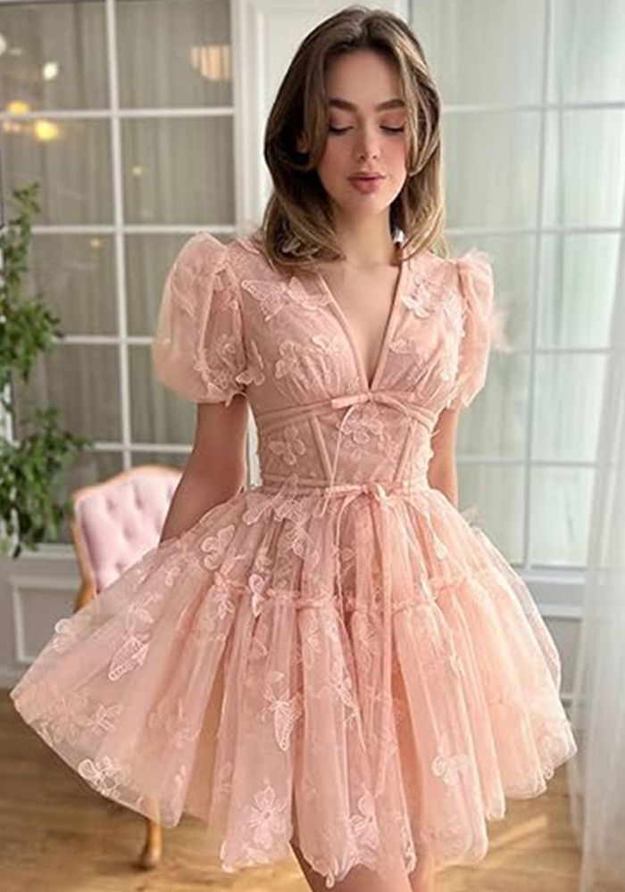 Robe de demoiselle d'honneur femme avec fleur, robe à col en V et manches courtes