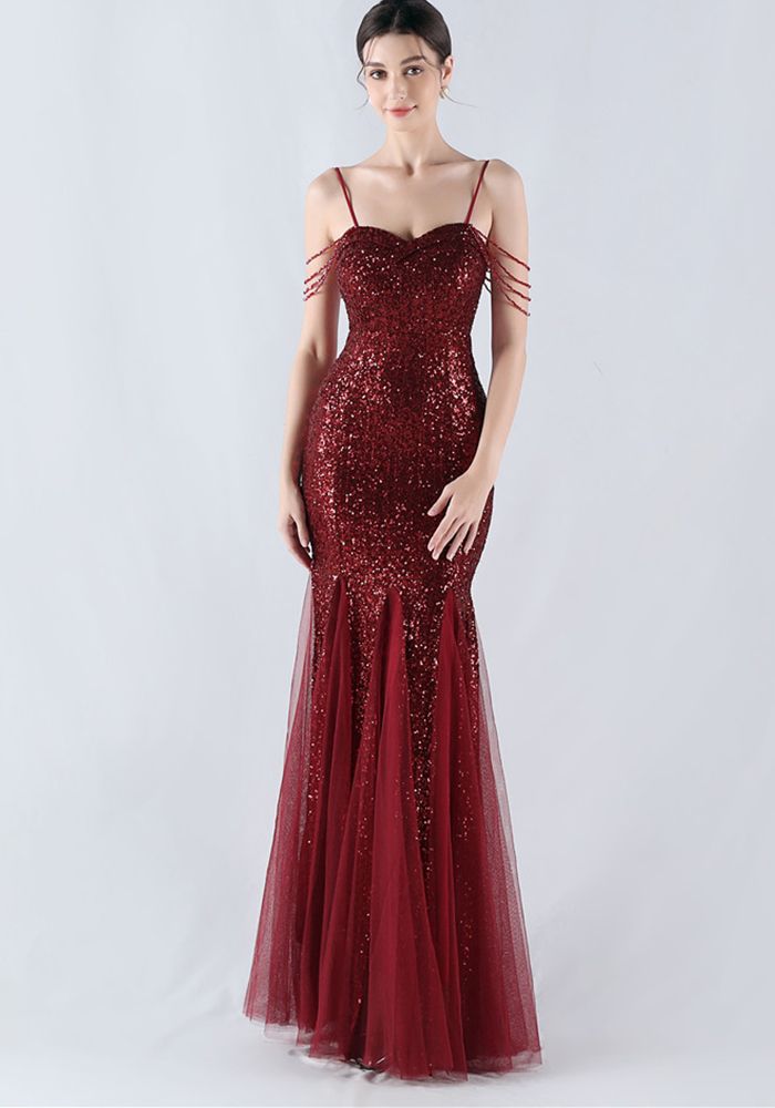 Robe de Soirée en Sequins avec Bretelles en Maille