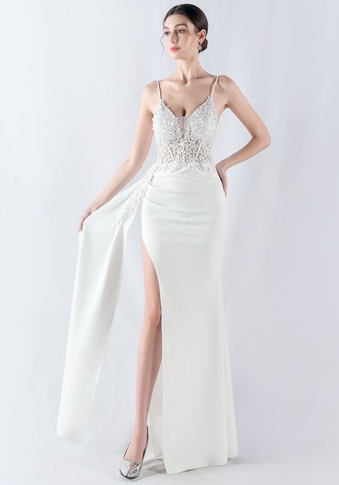 Robe de Soirée Femme à Fleurs Perles et Épine de Poisson