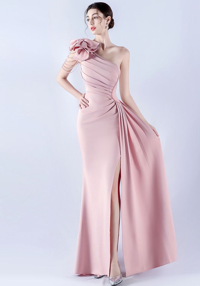 Robe de Soirée Fendue à Fleurs Perles pour Femmes