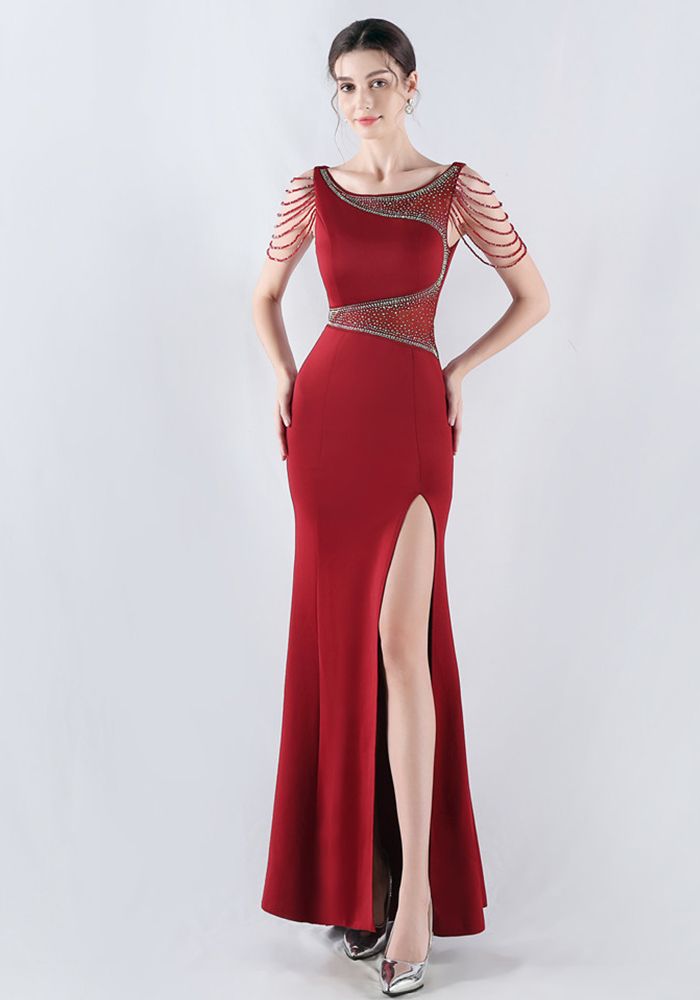Robe de Soirée Femme en Maille Transparente avec Perles