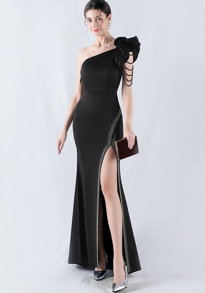 Robe de Soirée Femme à Épaules en Feuille de Lotus avec Découpe et Perles