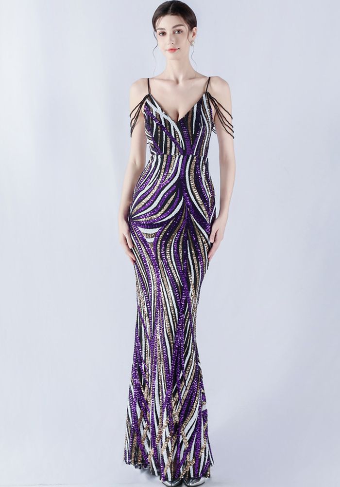 Robe de soirée maxi à rayures en sequins pour femmes