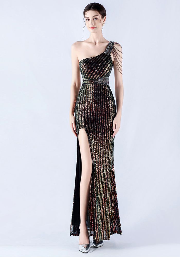 Robe de soirée à une épaule en perles pour femmes avec fente et sequins