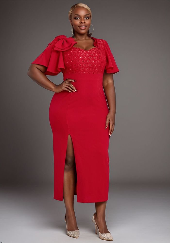 Robe en dentelle sexy formelle avec volants et nœud pour femmes
