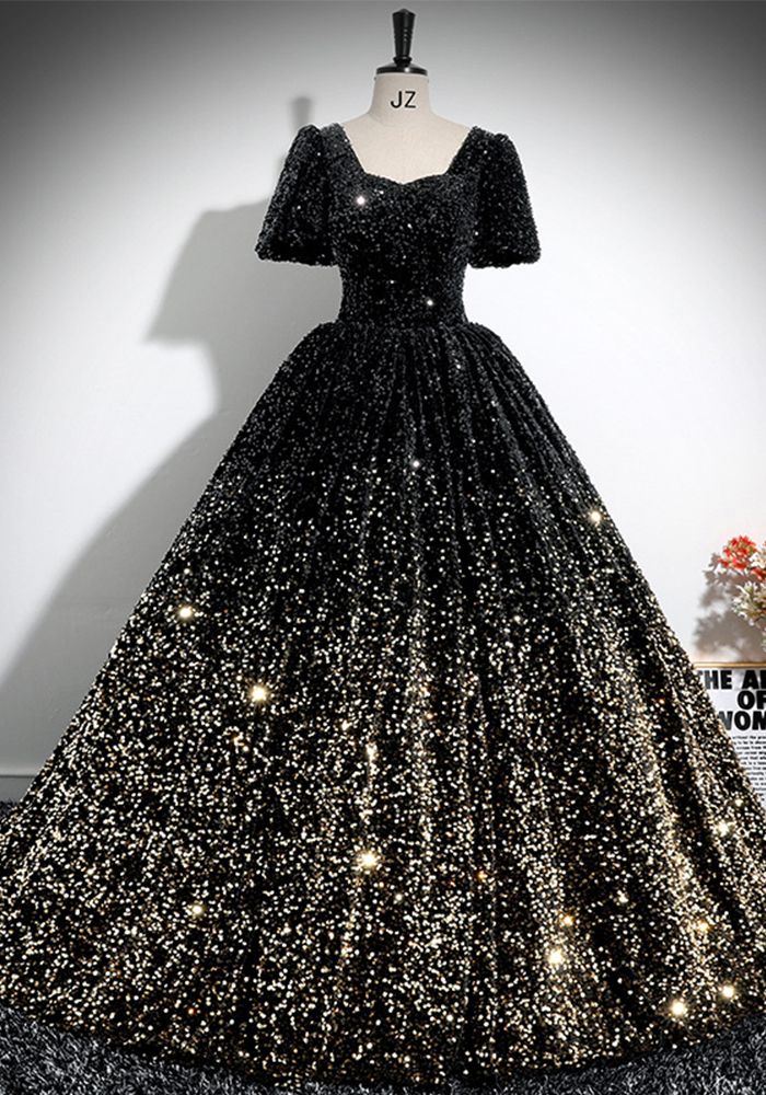 Robe de Soirée A-Ligne de Luxe à Manches Courtes Bouffantes en Sequins (Délai de traitement de 3 à 6 jours)