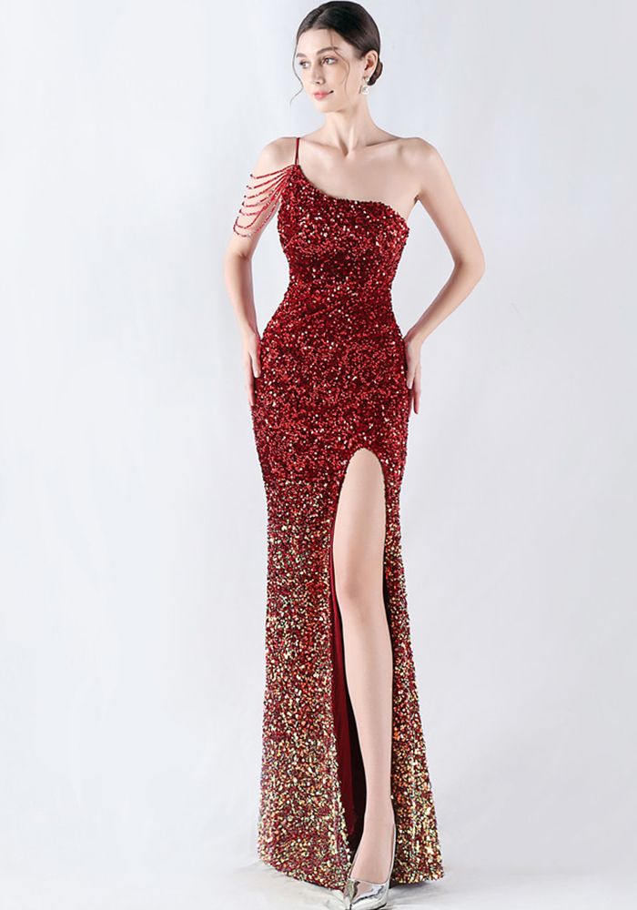 Robe de Soirée à Sequins Dégradés à Une Épaule