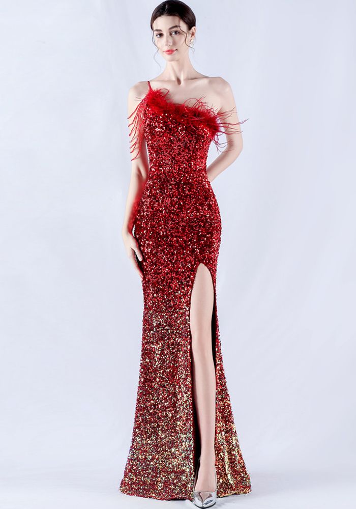 Robe de soirée à une épaule en plumes d'autruche avec perles et sequins pour femmes