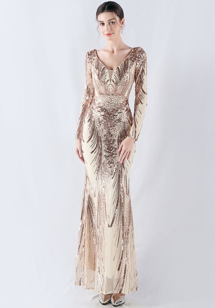 Robe de Soirée Longue à Manches Longues en Fleurs Perles pour Femmes