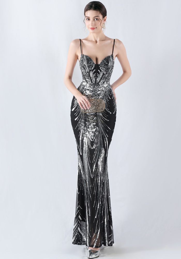 Robe de Soirée Femme à Sequins en Forme de Poisson avec Fleurs