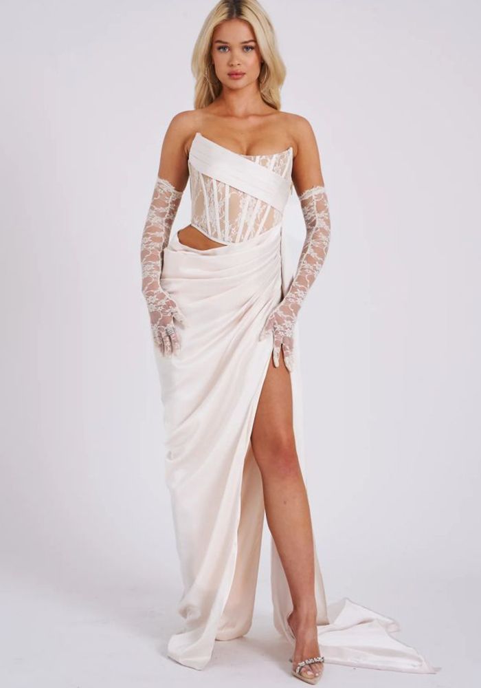 Robe d'été sexy à fente sans bretelles en dentelle contrastée pour femmes