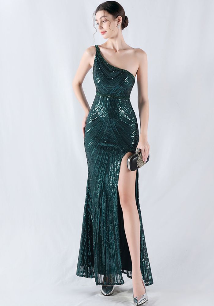 Robe de soirée à une épaule en sequins et perles pour femmes