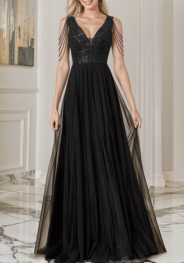 Robe de Soirée en Maille Noire à Paillettes pour Femmes