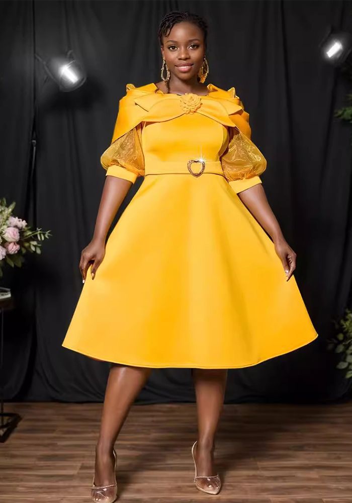 Robe de fête à manches lanternes transparentes avec nœud en boucle plus taille A-Line jaune
