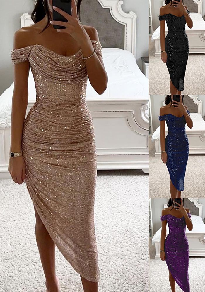 Robe de fête pour femmes à sequins off-shoulder printemps automne
