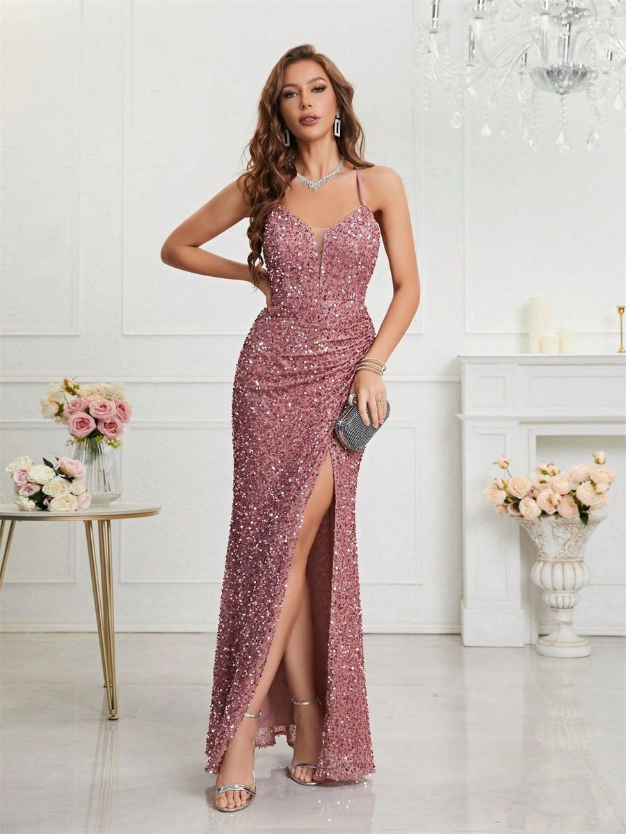 Robe de soirée à sequins v-neck pour femmes