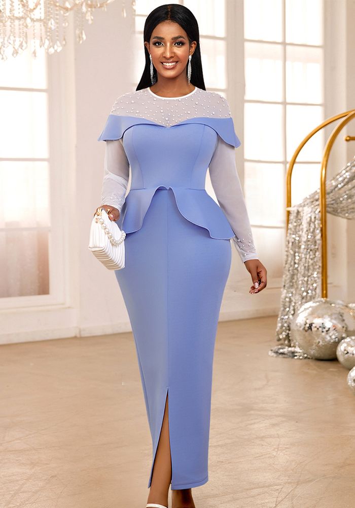 Robe de soirée formelle élégante à manches longues en perles transparentes