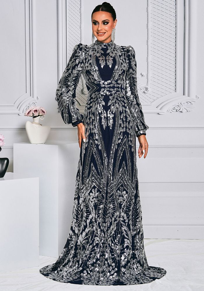 Robe de Soirée Maxi Formelle à Manches Longues en Sequins pour Femmes