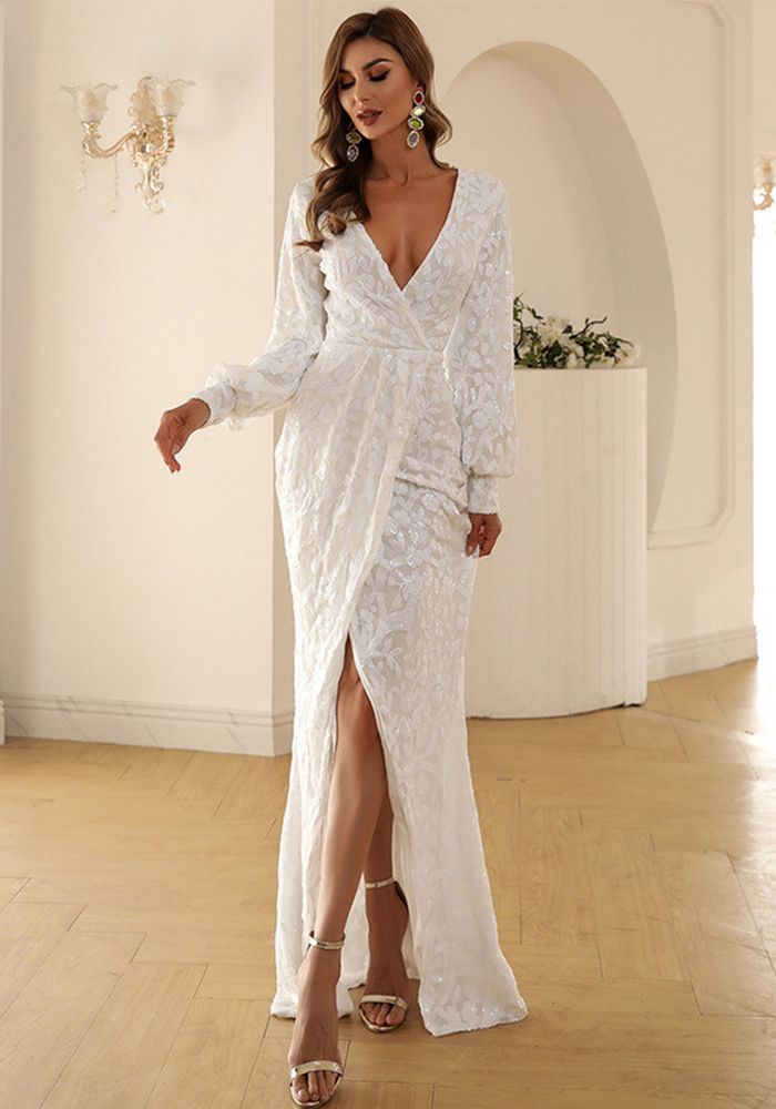 Robe de demoiselle d'honneur chic pour femmes à décolleté en V profond, manches longues, couleur unie, fente, sequins, robe de soirée formelle
