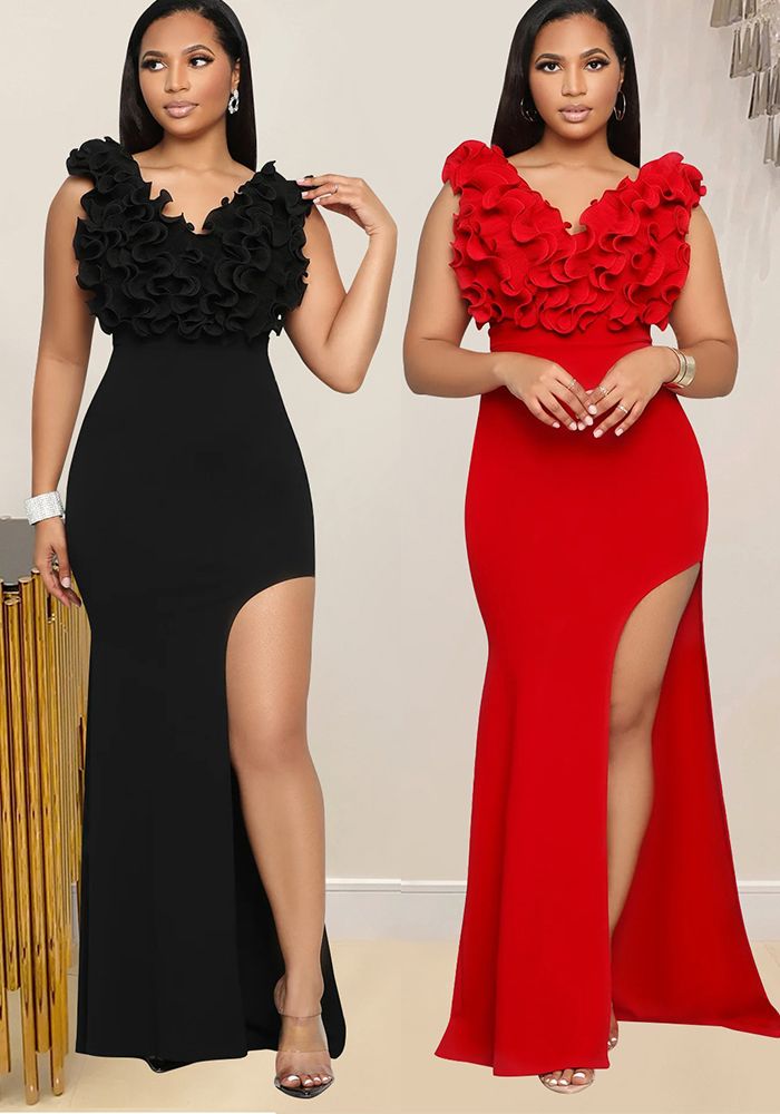 Robe Longue à Fente Sans Manches Femme V-Cou Fashion