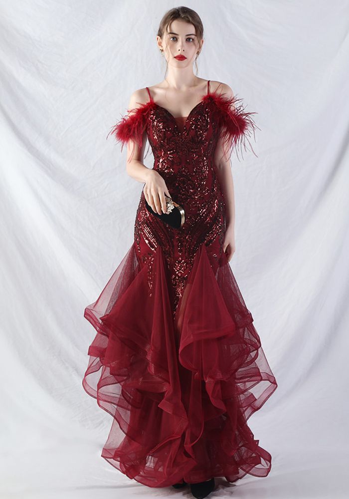 Robe de soirée en mesh avec fleurs en plumes d'autruche et sequins pour femmes