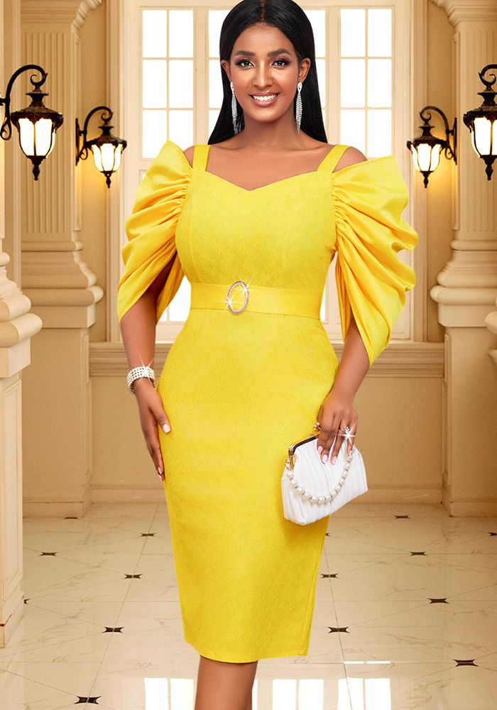 Robe de Soirée Formelle à Manches Plissées et Dos Nu en Dentelle Taille Haute