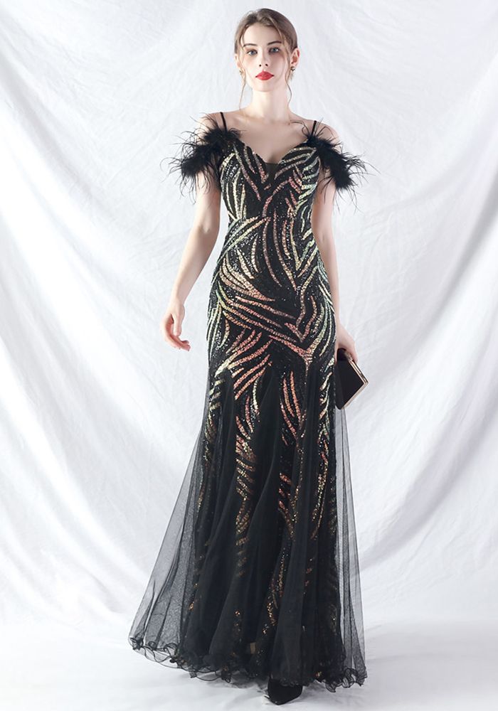 robe de soirée de luxe en mesh à sequins et plumes