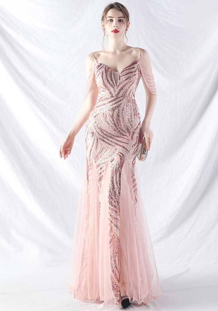Robe de soirée de luxe en mesh à sequins et patchwork