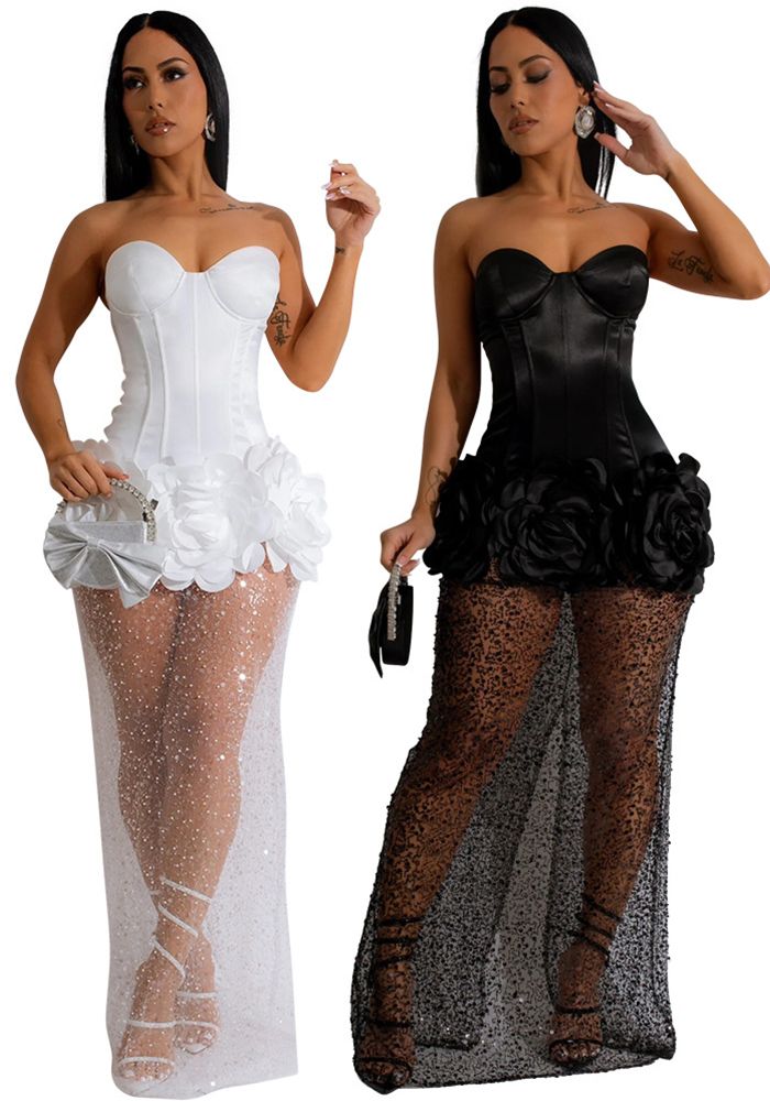 robe de club en satin patchwork mesh sans bretelles de couleur unie